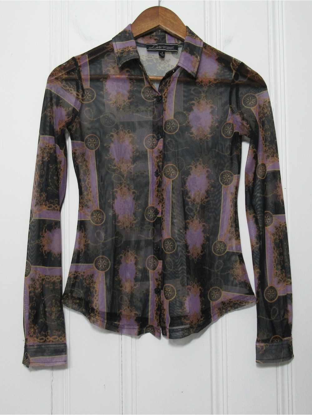 Sheer Mesh Whimsigoth Y2K Long Sleeve Button Down Top Purple/Black